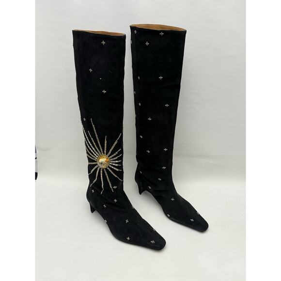 STAUD Wally Black Suede Tall Boots Celestial Crystal Embellished 37.5 / 7.5 $995 - Picture 6 of 11